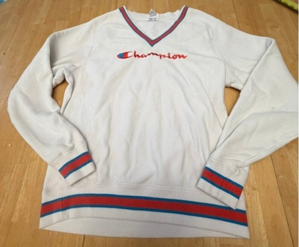 Champion Heritage V-Neck Sweatshirt Womens Medium White Orange Blue Striped